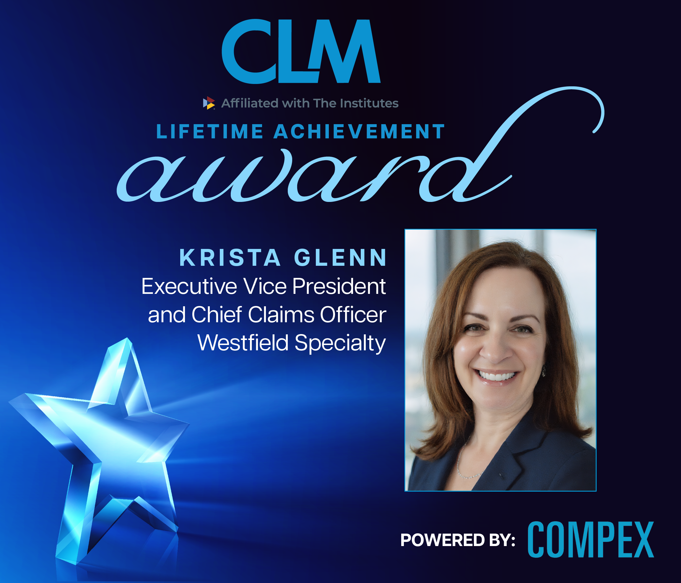 Blue background with 2026 CLM Lifetime Achievement Award featuring a photo of Krista Glenn